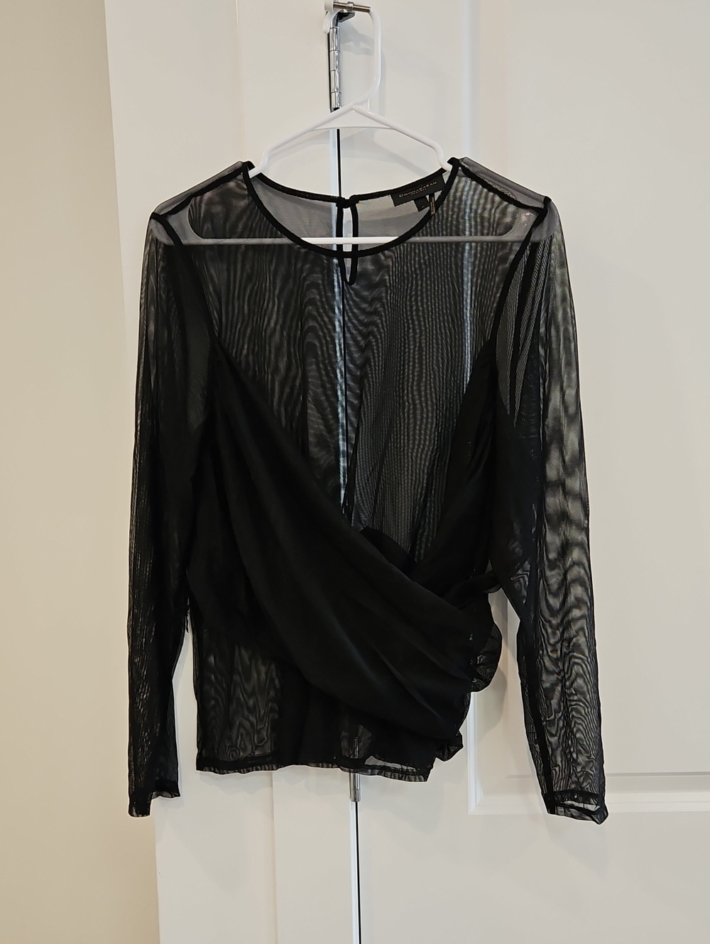 Sheer Black Wrap-Front Long Sleeve Top